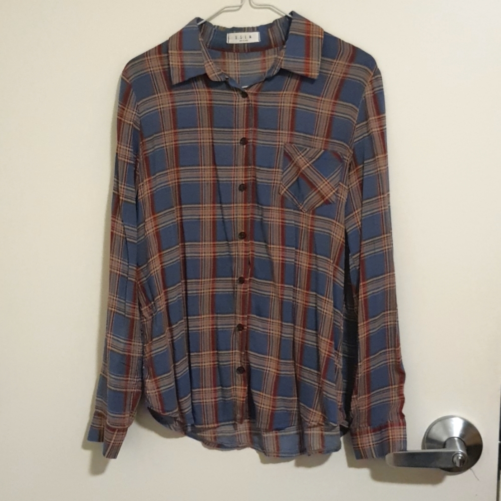 Sky/Red Plaid Long Sleeve Button Down Blouse